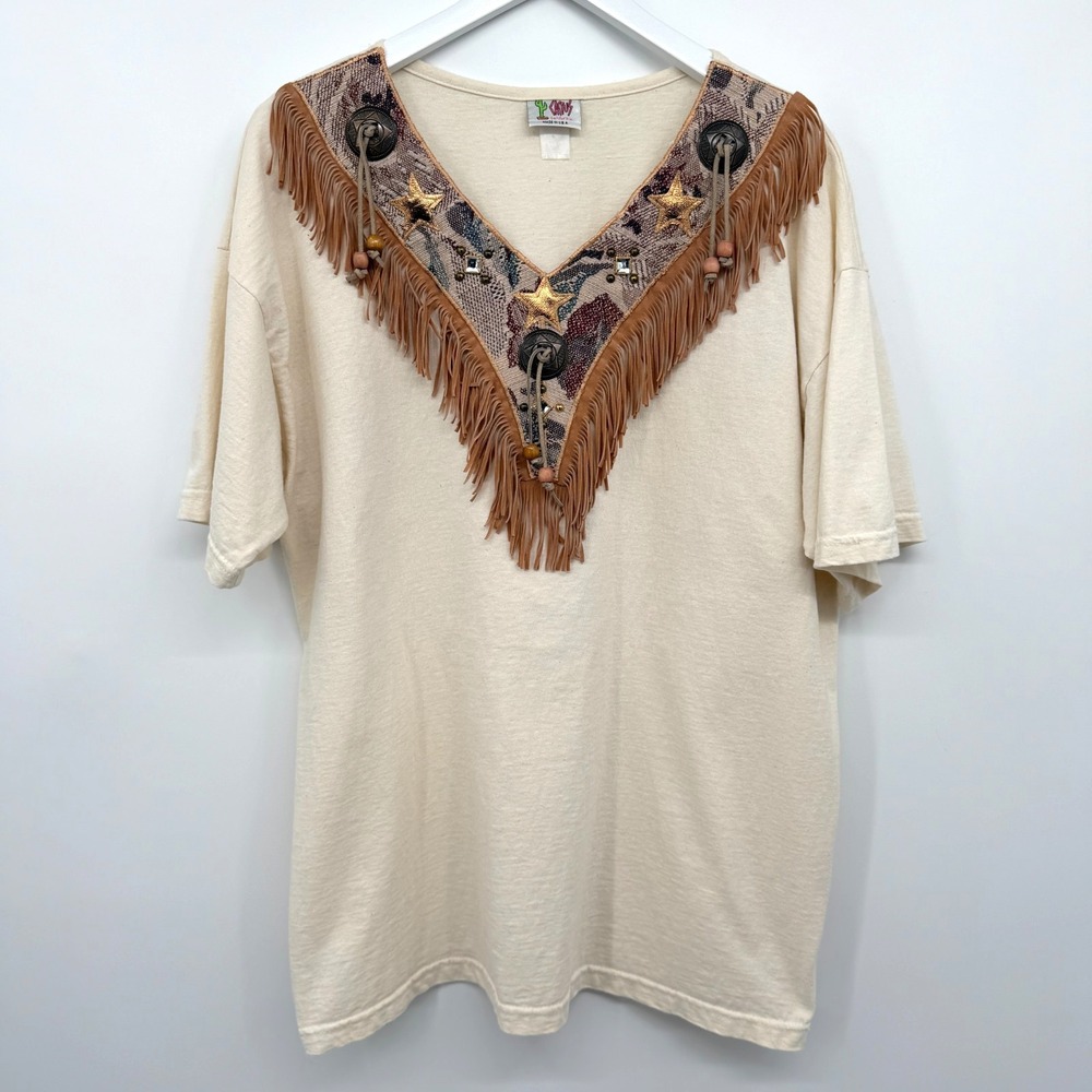 Vintage Western Top Shirt Upcycled Size L XL Conchos Fringe Beaded Cowgirl Rodeo